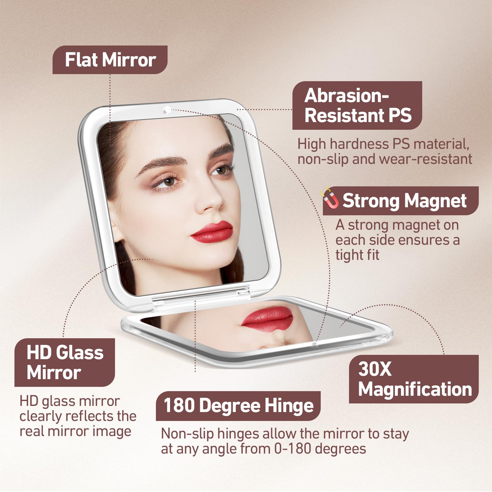 PIMPLEGO rose travel mirror with 180 deg hinge for versatile positioning