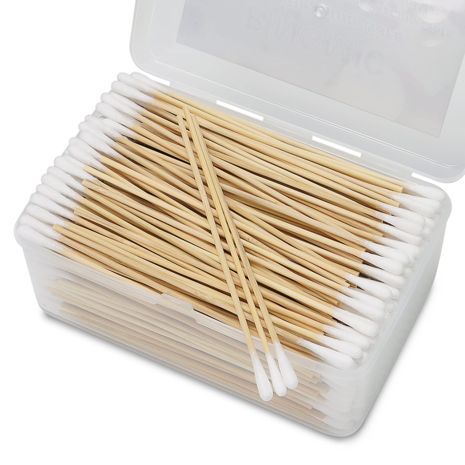 PINGMIC 500Pcs 6-inch cotton swabs in a storage box for easy organization.