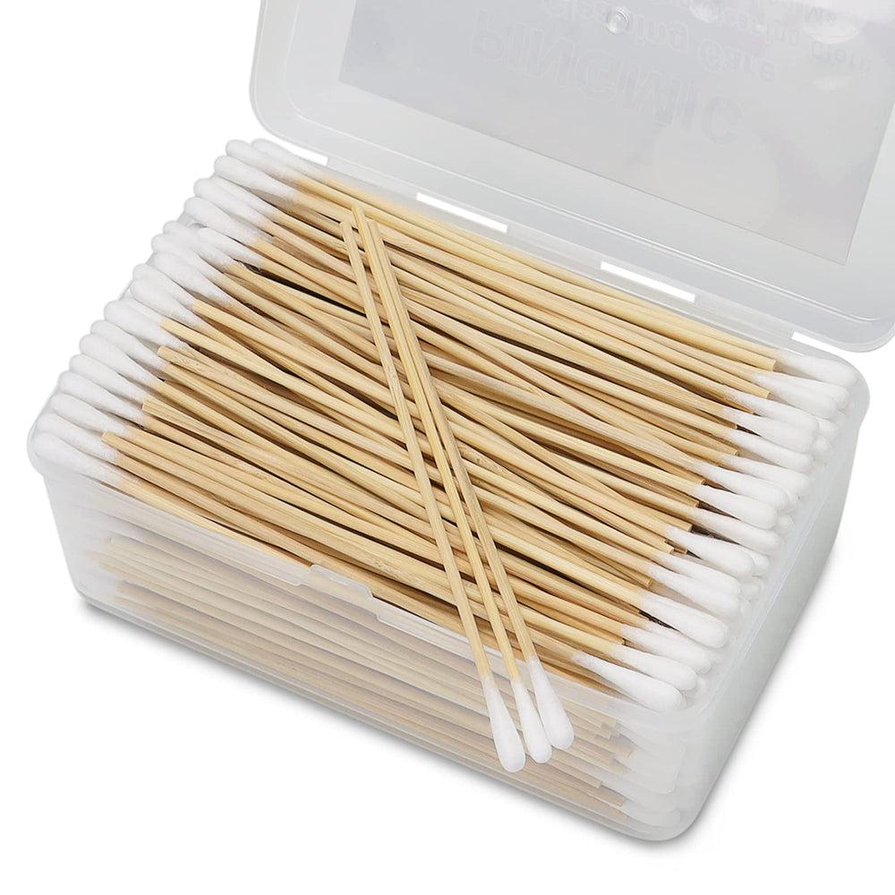 PINGMIC 500Pcs 6-inch cotton swabs in a storage box for easy organization.