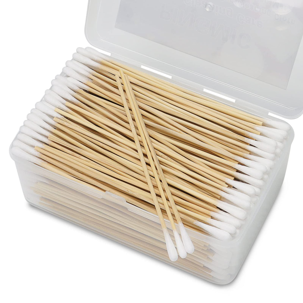 PINGMIC 500Pcs 6-inch cotton swabs in a storage box for easy organization.