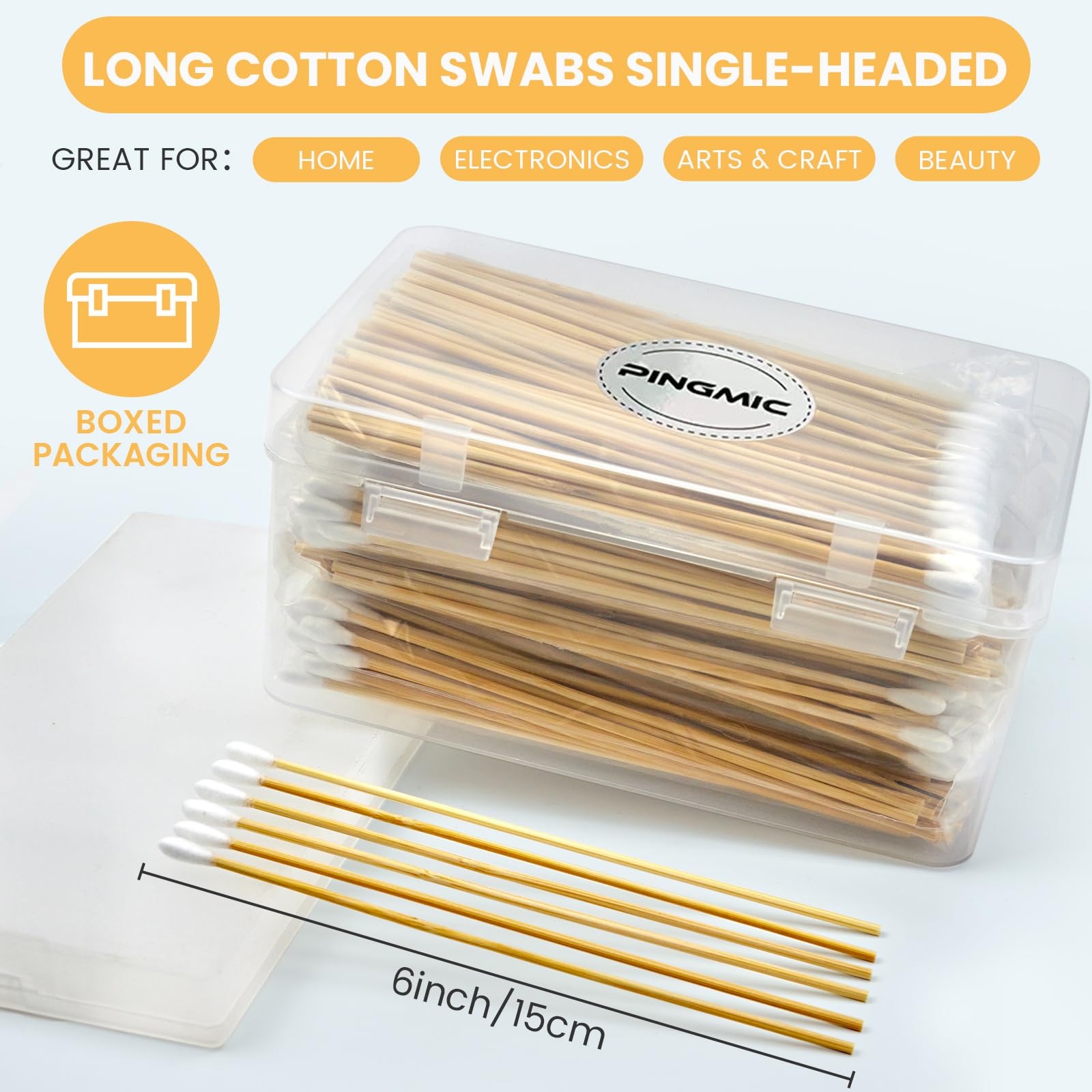PINGMIC long 6-inch cotton swabs with wooden sticks for hard-to-reach spots.