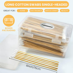 PINGMIC long 6-inch cotton swabs with wooden sticks for hard-to-reach spots.
