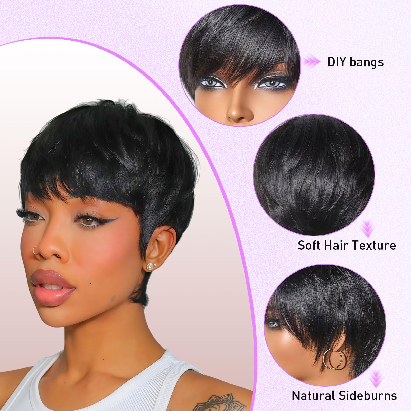 Pink Planet Pixie Cut Wig breathable cap for all day comfort