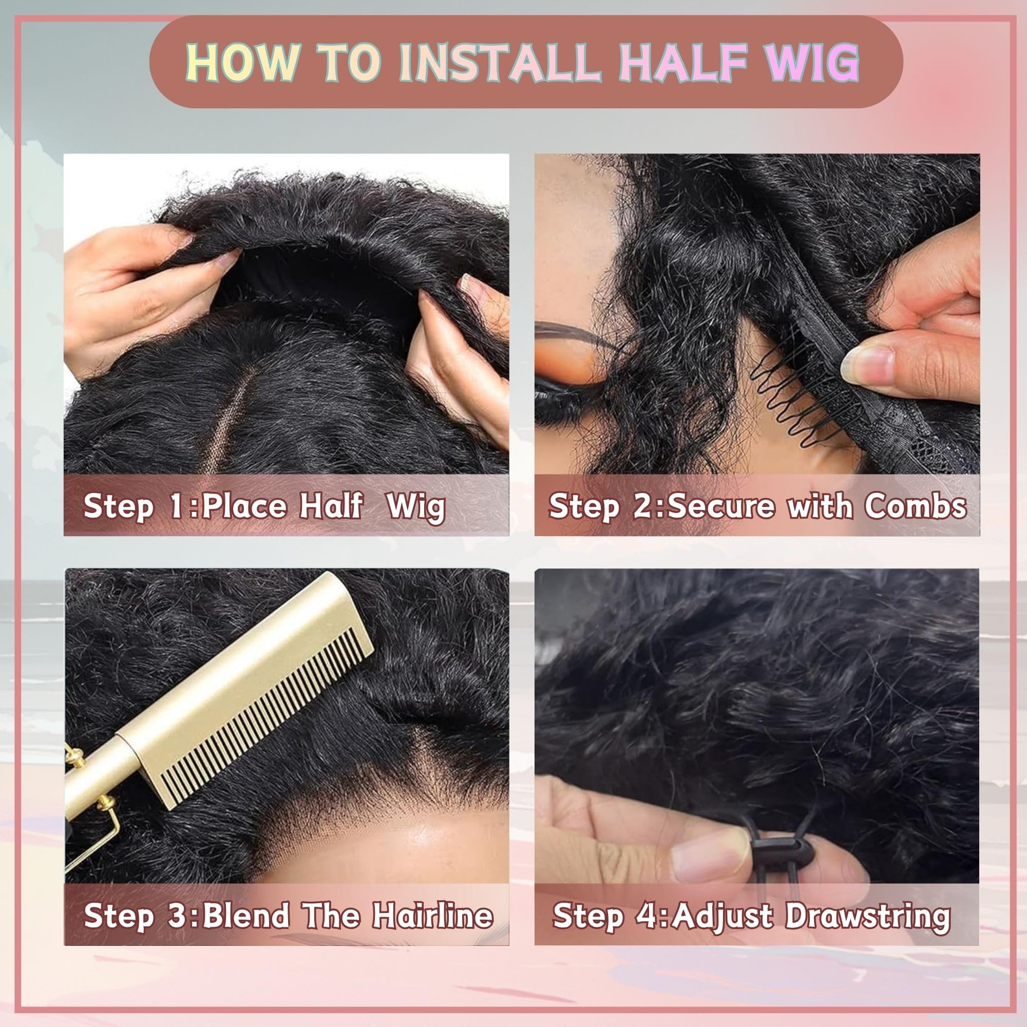Pinketer half wig packaging includes caps and lashes.
