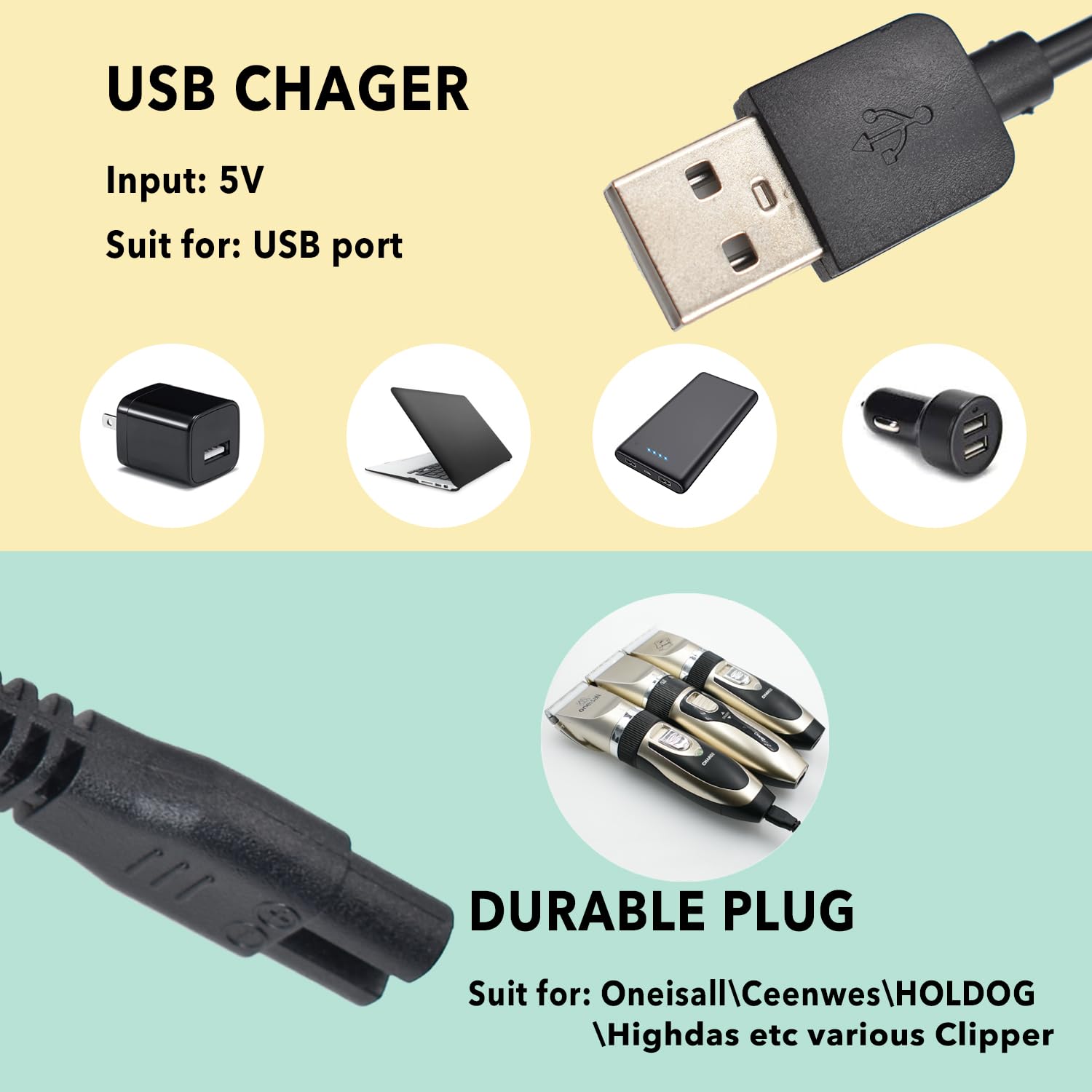 Pinkind universal USB charger USB port supports power banks for on-the-go charging.