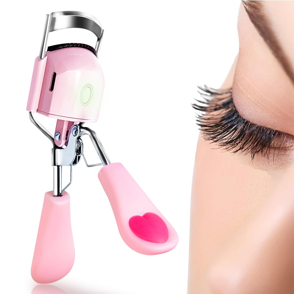 Pinkiou heated eyelash curler front view demonstrates portable curling for quick daily glam.