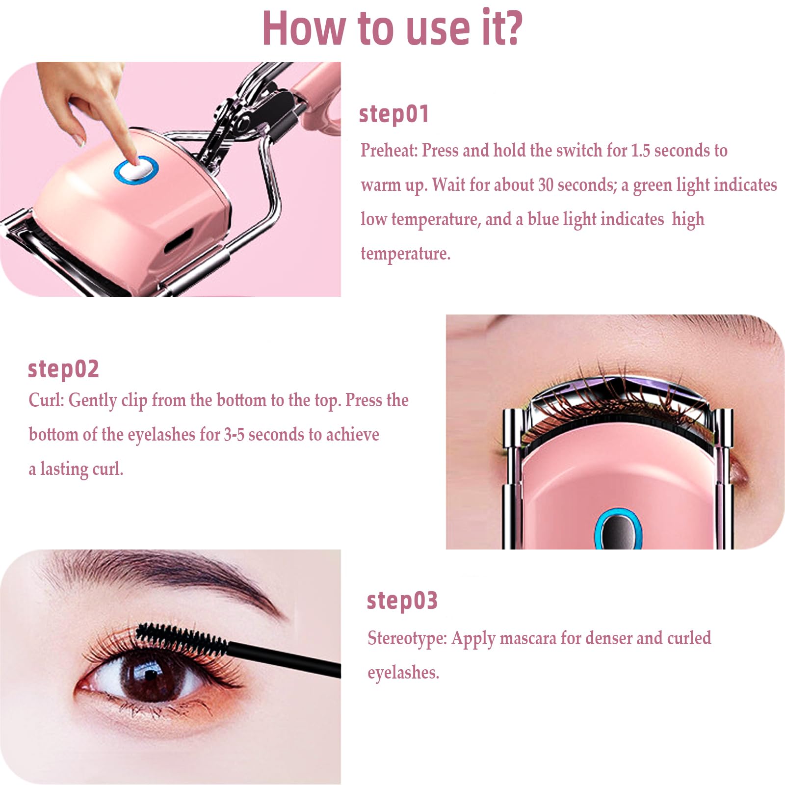 Pinkiou heat settings image shows 65°C and 85°C for tailored lashes.