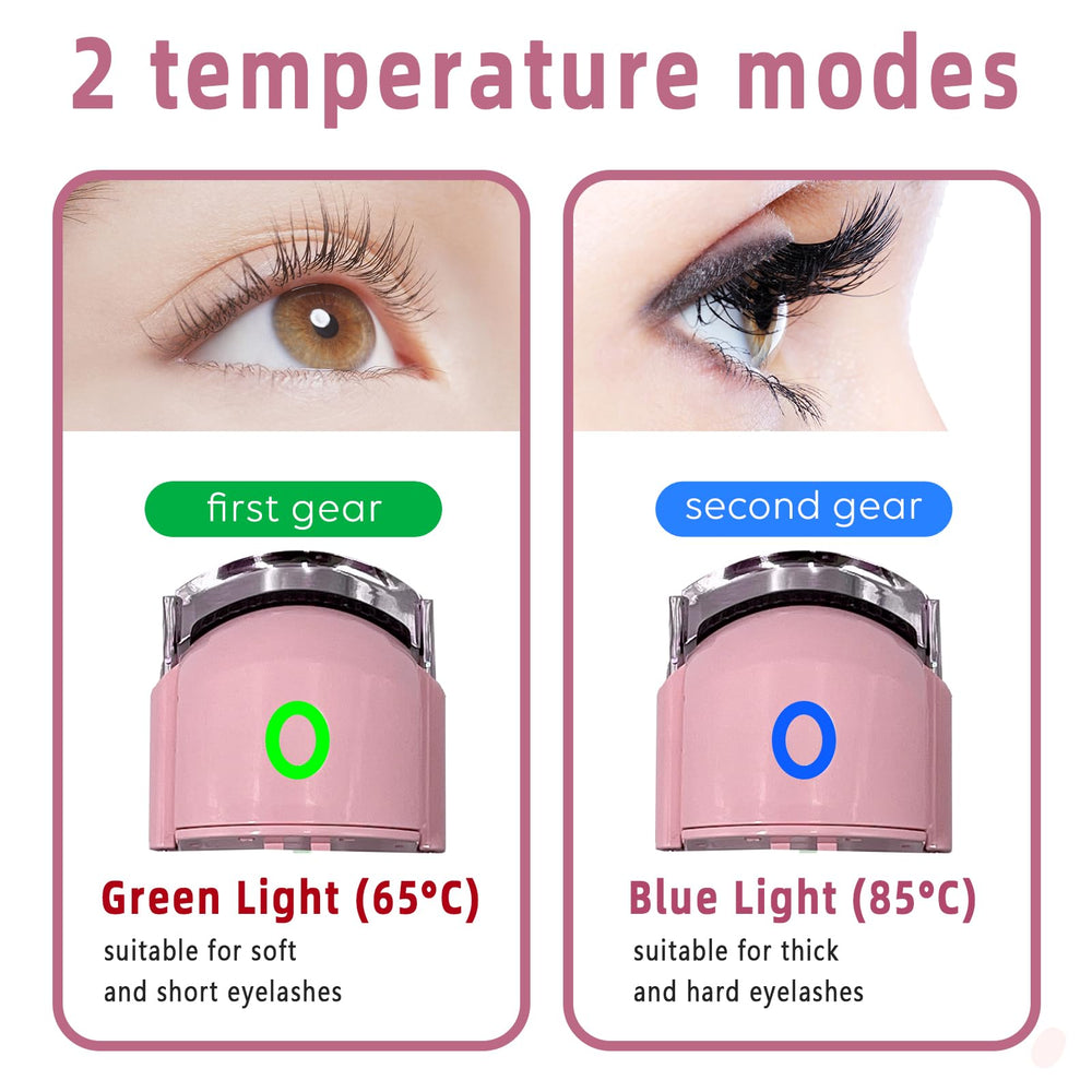 Pinkiou heated eyelash curler side view highlights ergonomic grip for comfortable use.