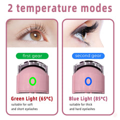 Pinkiou heated eyelash curler side view highlights ergonomic grip for comfortable use.