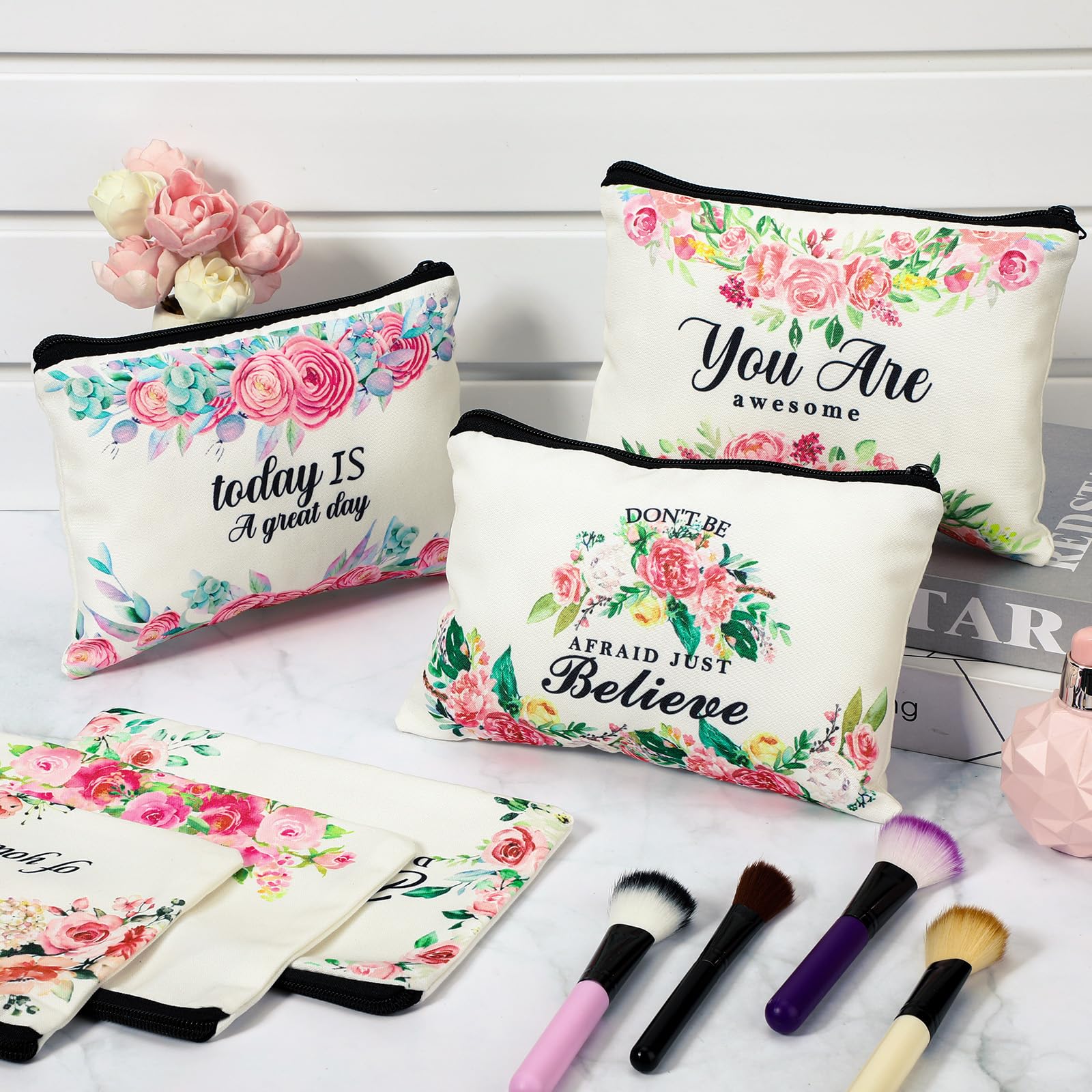 Pinkunn flower canvas makeup bag close up zipper for secure storage