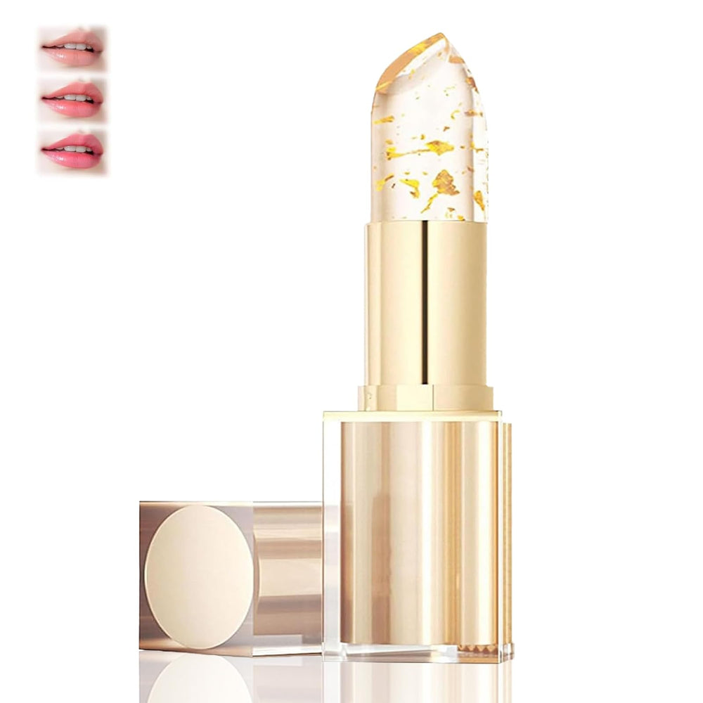 PIN&WEI color-changing lipstick with gold crystal cap showing adaptive shade