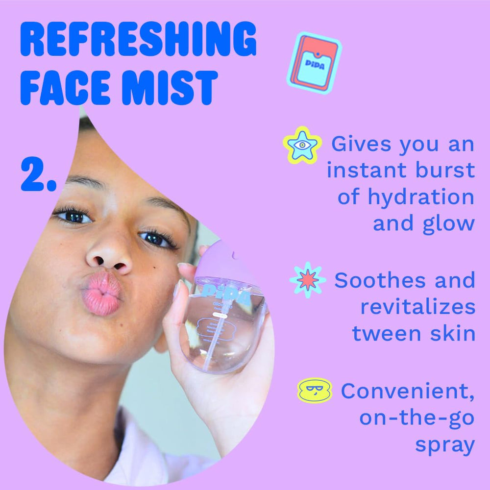 Pipa Start Young 3-step routine visuals — cleanser, moisturizer, mist.