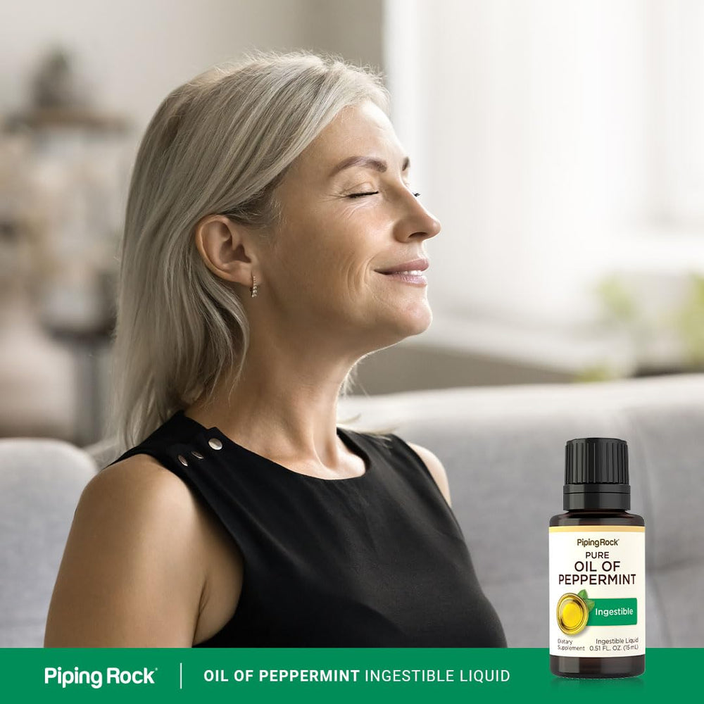 Piping Rock Peppermint Oil packaging close-up highlights purity.