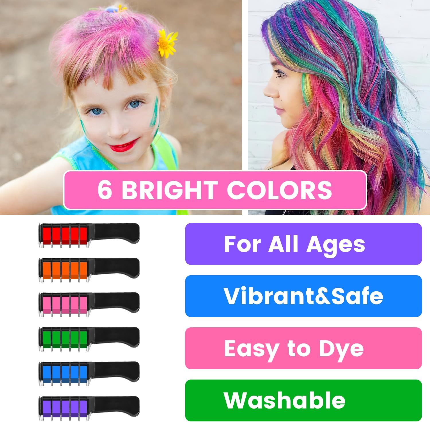 Pipirich multicolor hair chalk comb blends six shades for unique, washable styles.