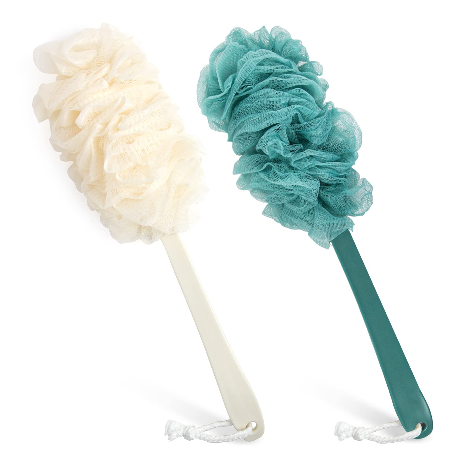 PIPUHA back scrubber with long handle in blue and white for easy reach