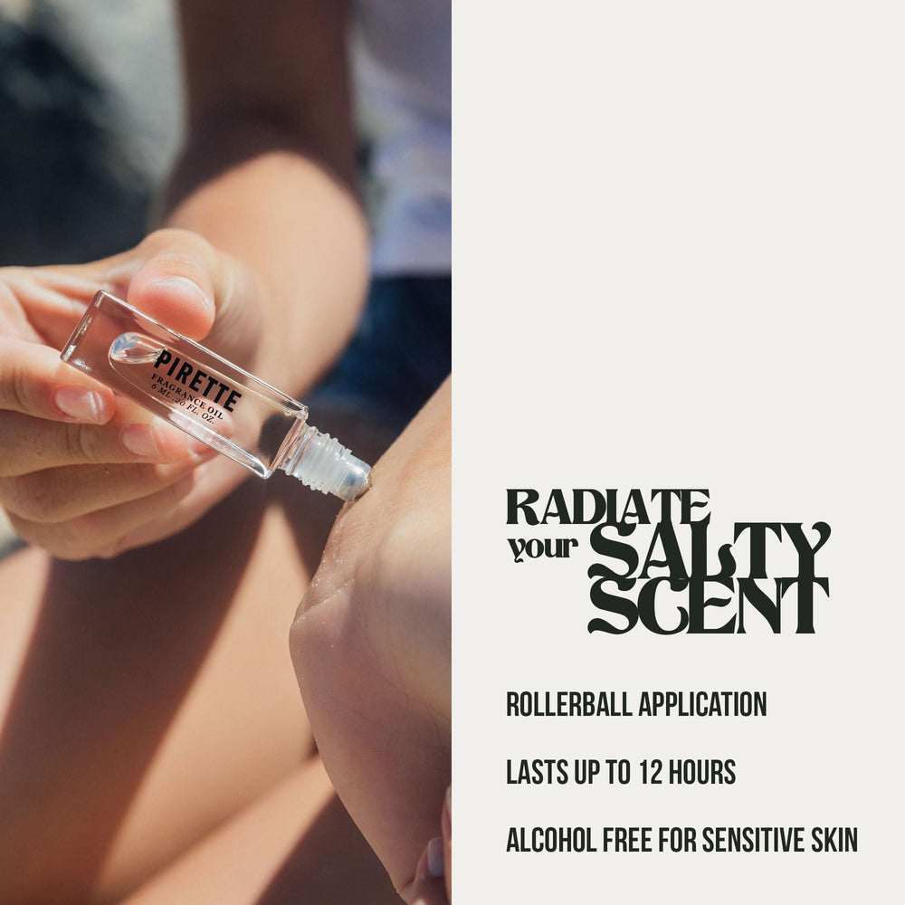 PIRETTE fragrance oil roller close-up highlighting surf wax note for easy reapplication.