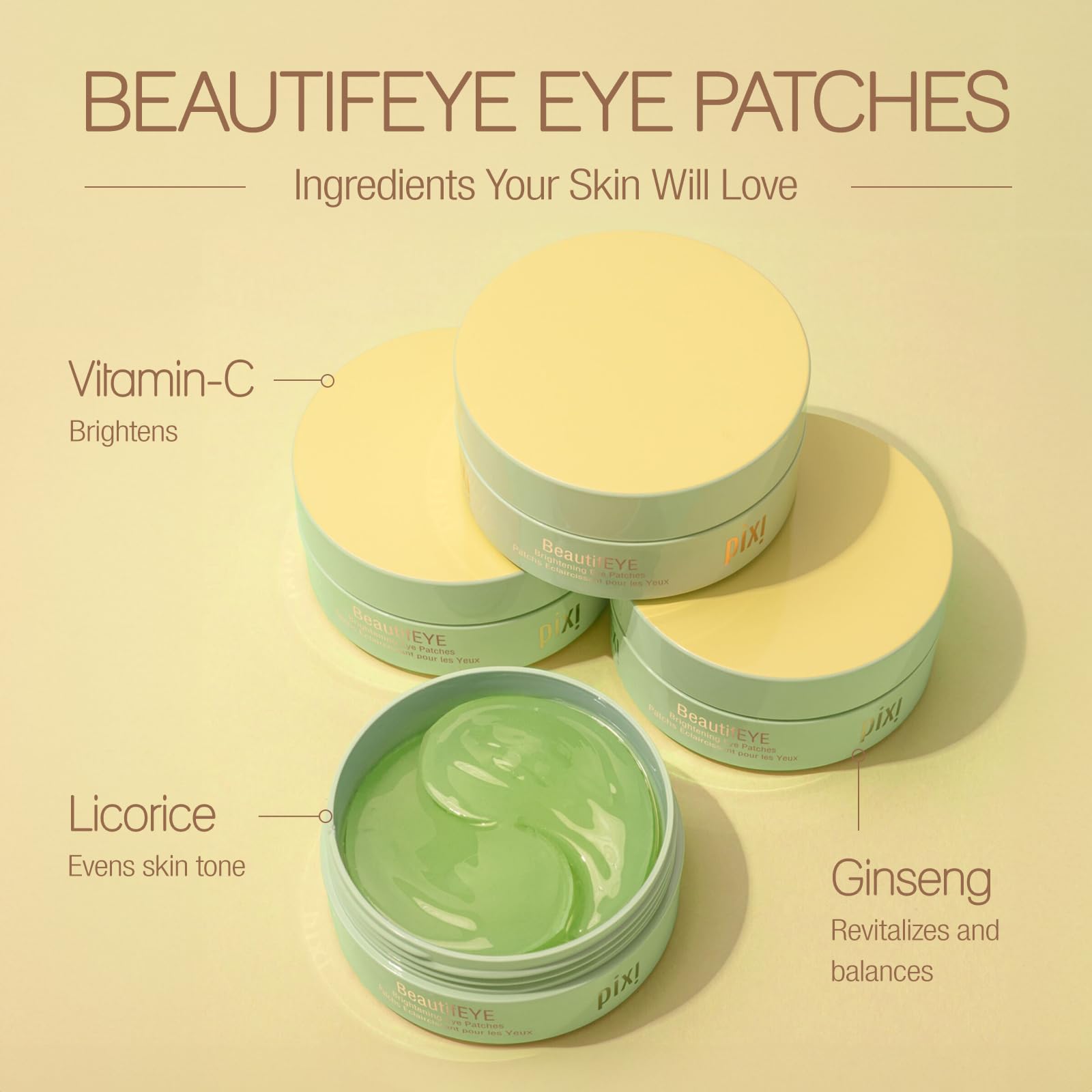 Pixi BeautifEYE patches provide vitamin C and licorice for a gentle brightness lift.