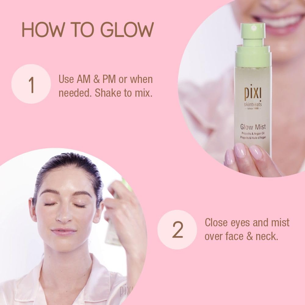 Pixi Glow Mist acabado húmedo, deja tono radiante sin sensación pesada durante el día.