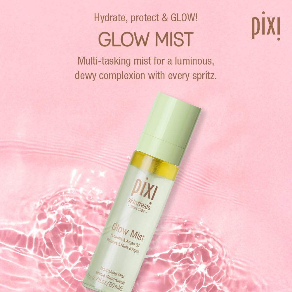 Pixi Glow Mist atomizador, aplica igualmente sobre rostro y cabello para un brillo sutil y refrescante.