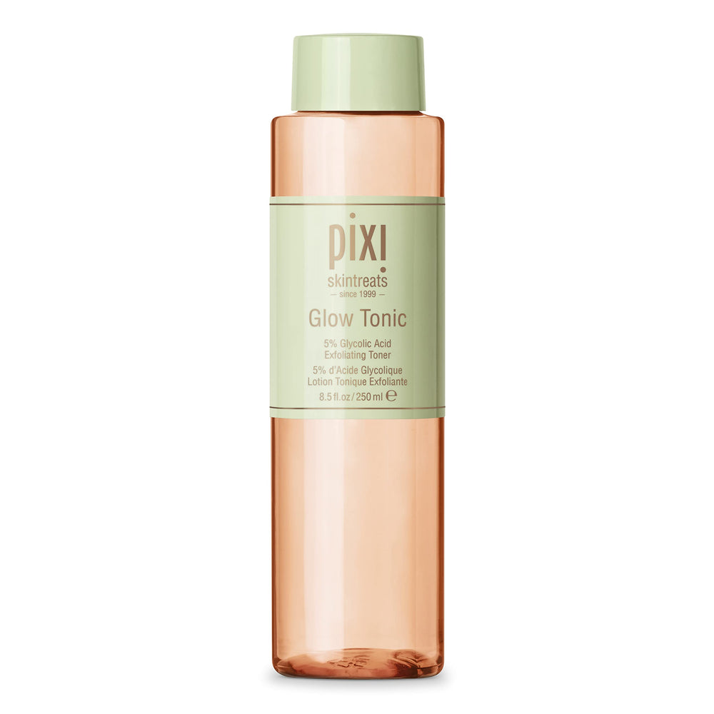 Pixi Glow Tonic bottle close-up showing 5% glycolic acid for exfoliation and radiance.
