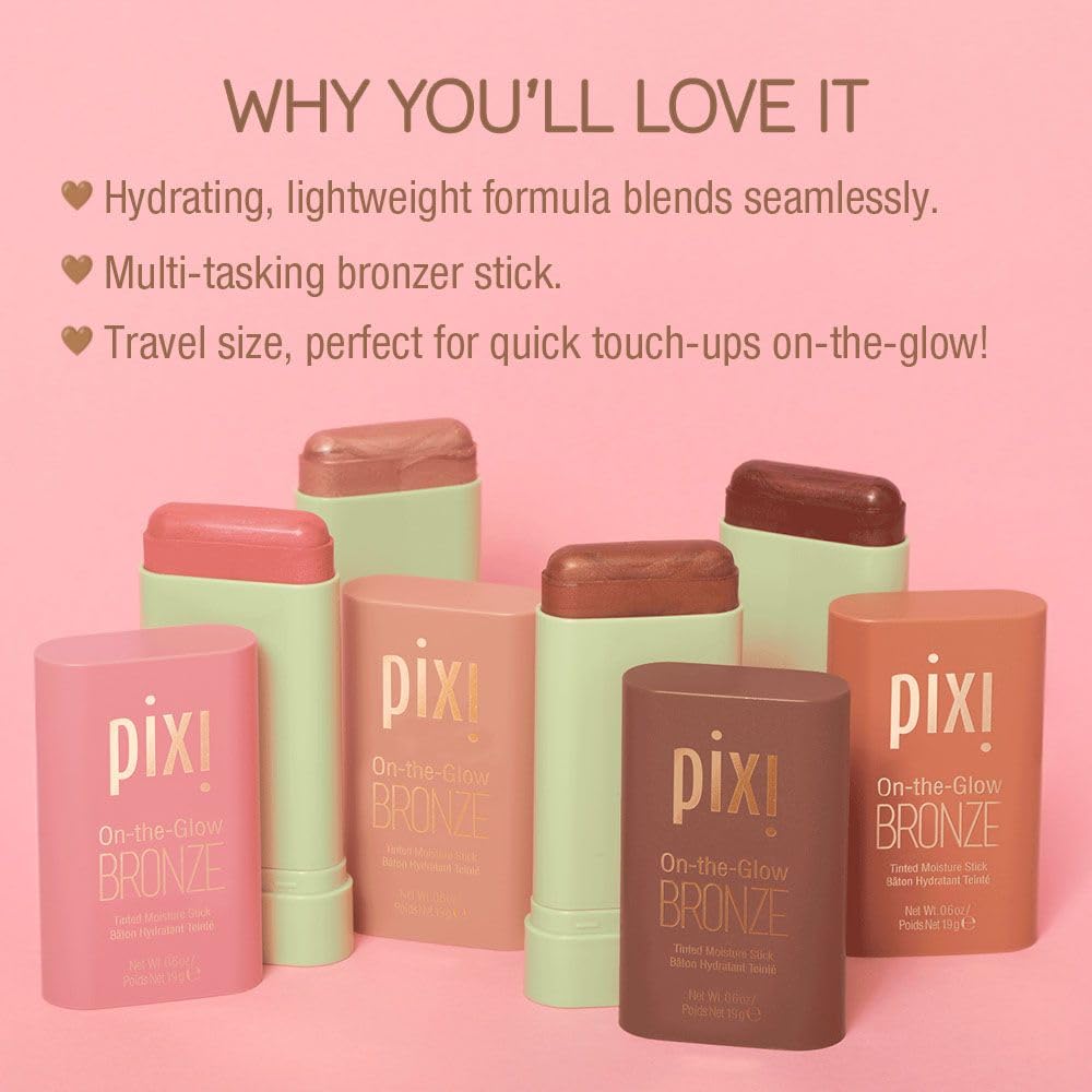 Pixi On-the-Glow Bronze con ginseng y aloe para piel suave.