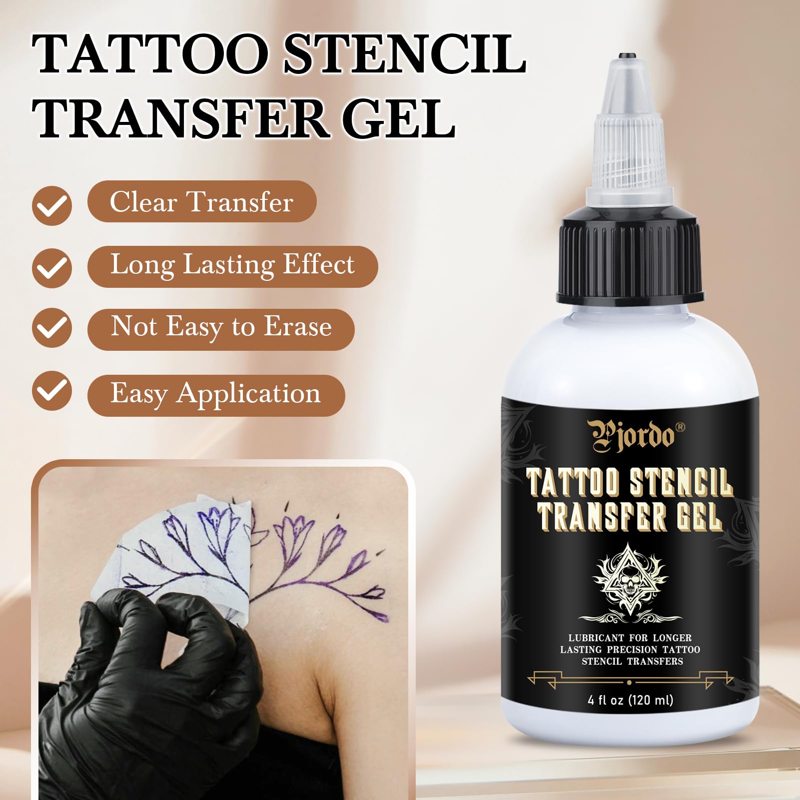 Pjordo tattoo stencil gel on skin, smooth transfer and crisp lines