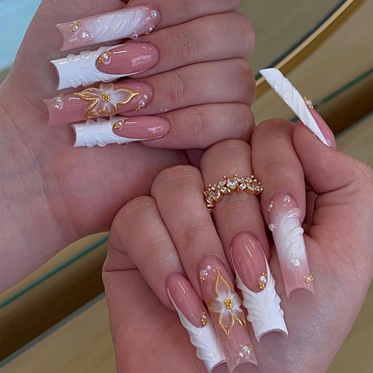 plalely long square press on nails with gold embossed flowers for an elegant daily look