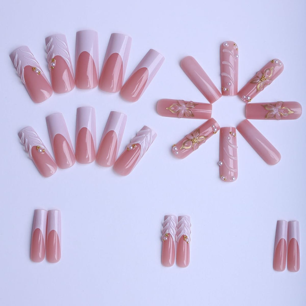 plalely long square nails featuring pearl charms for a chic accent