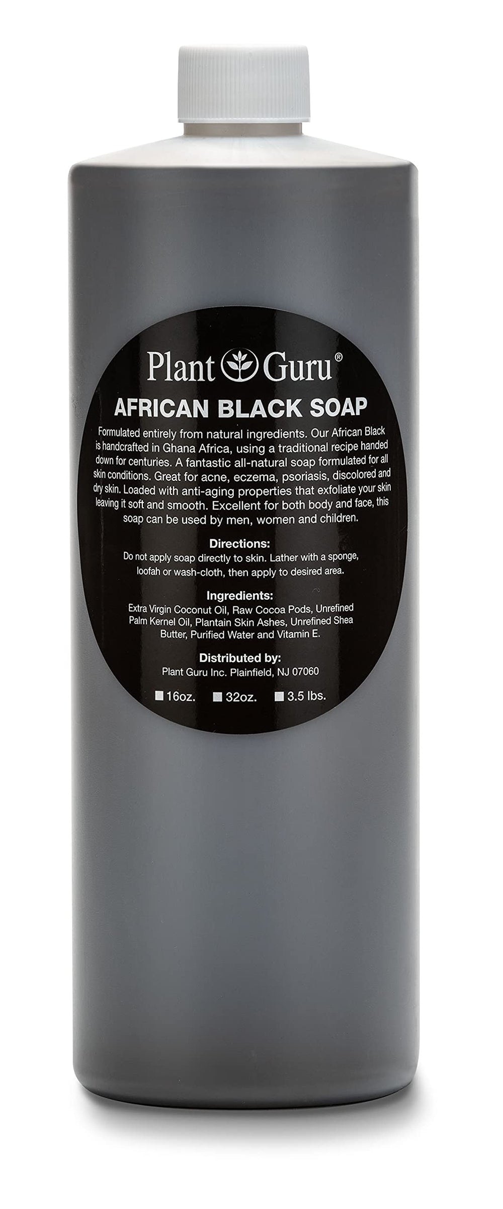 Plant Guru Jabón Negro Africano líquido en botella de 32 oz, limpieza suave para rostro y cuerpo.