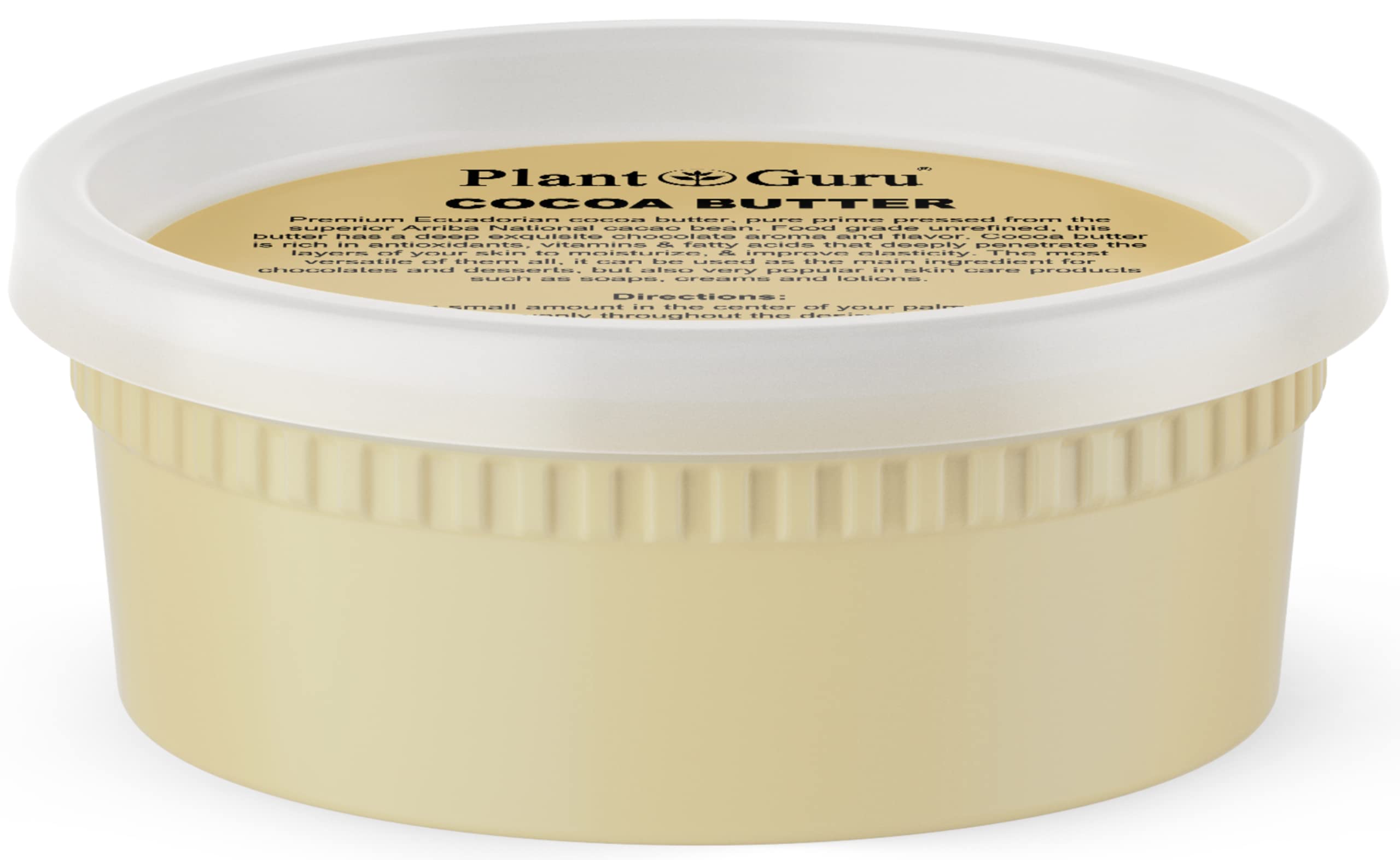 Plant Guru manteca de cacao cruda en envase de 8 oz para chocolate artesanal.