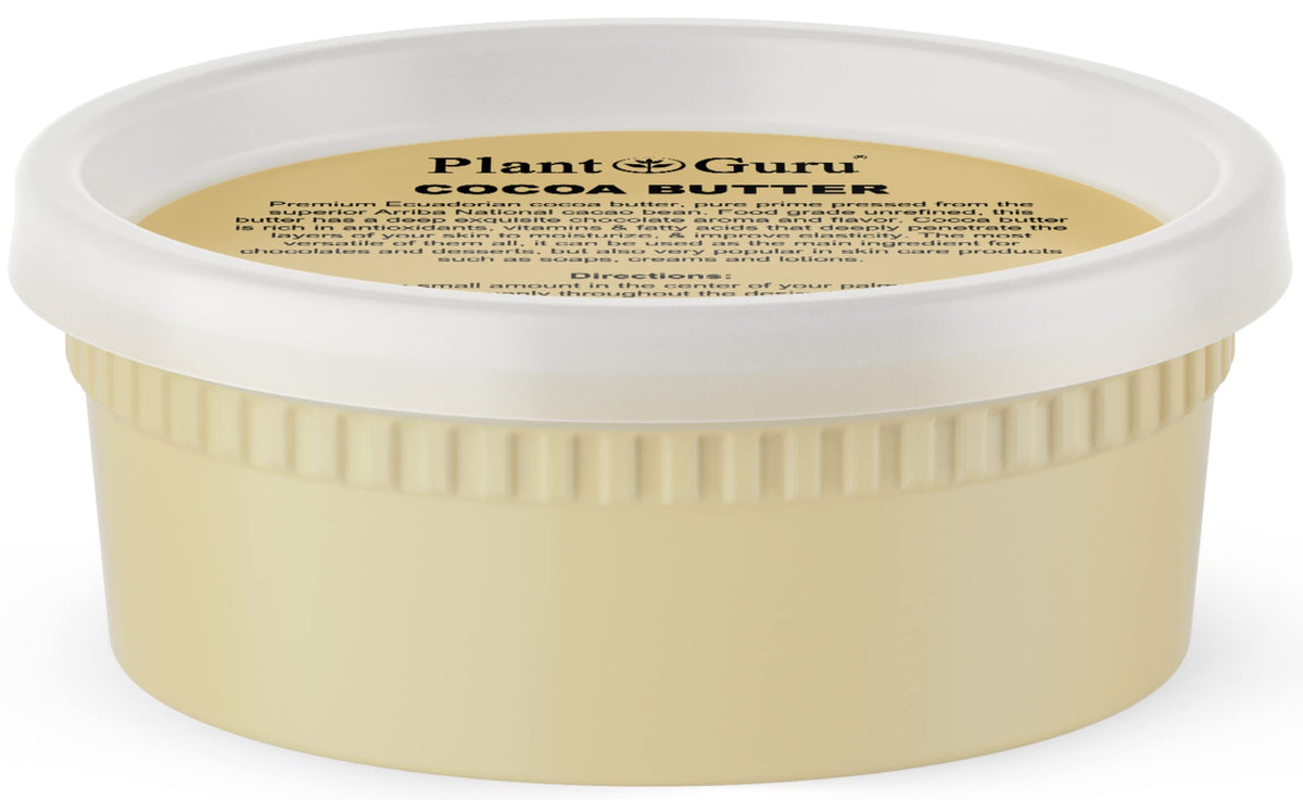 Plant Guru manteca de cacao cruda en envase de 8 oz para chocolate artesanal.