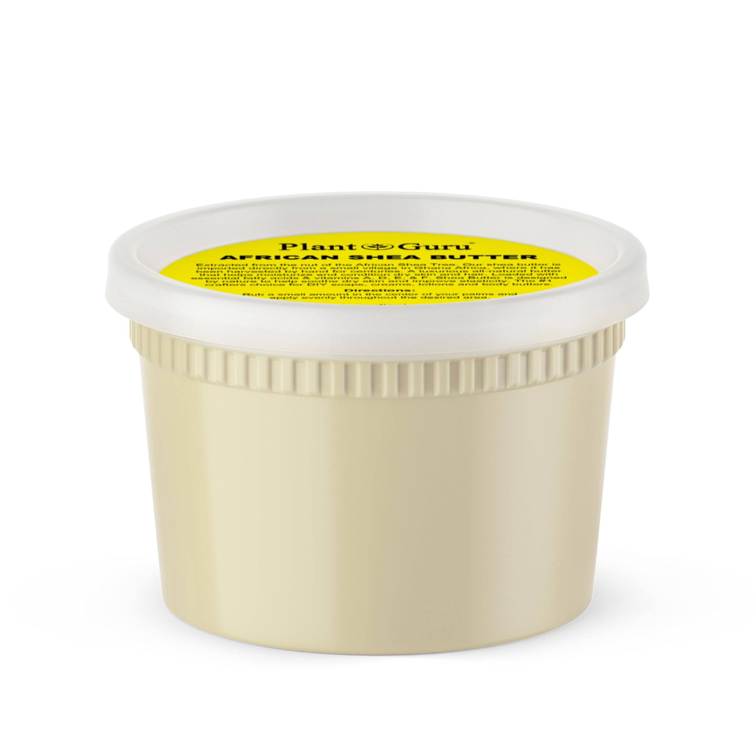 Plant Guru manteca-karite-cruda 16oz marfil en envase, hidratación natural.
