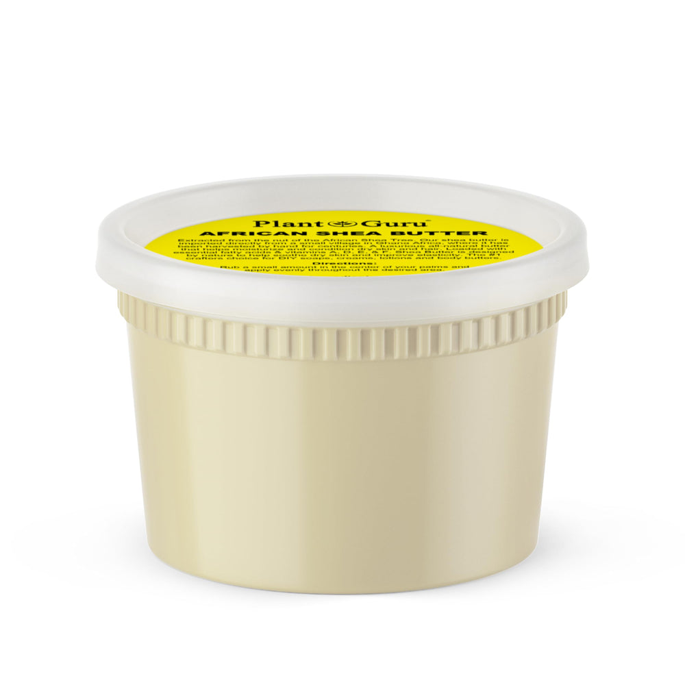 Plant Guru manteca-karite-cruda 16oz marfil en envase, hidratación natural.