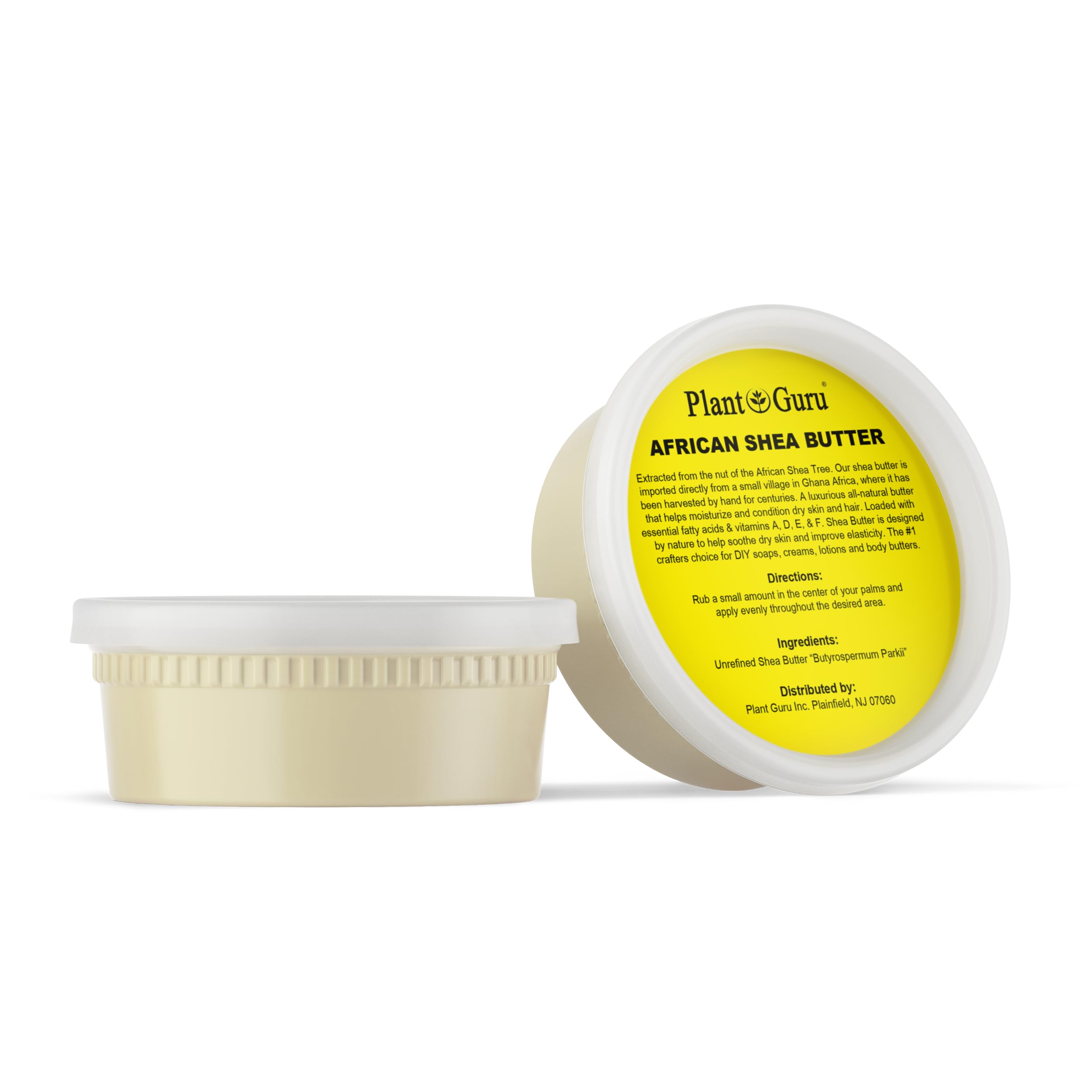 Plant Guru Raw African Shea Butter jar back showing natural ingredients and vitamins.