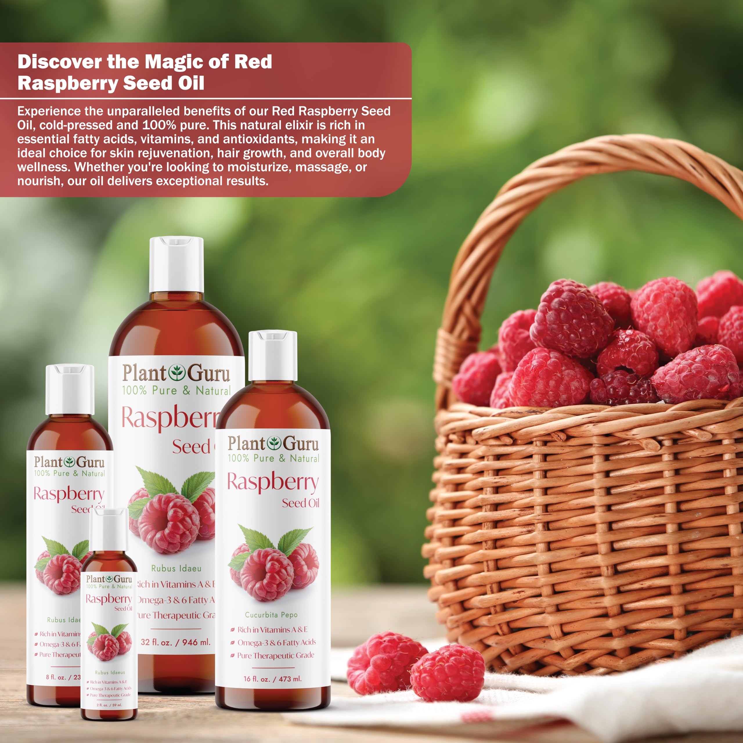 Plant Guru Red Raspberry Seed Oil seeds close-up show nutrients and vitamins.