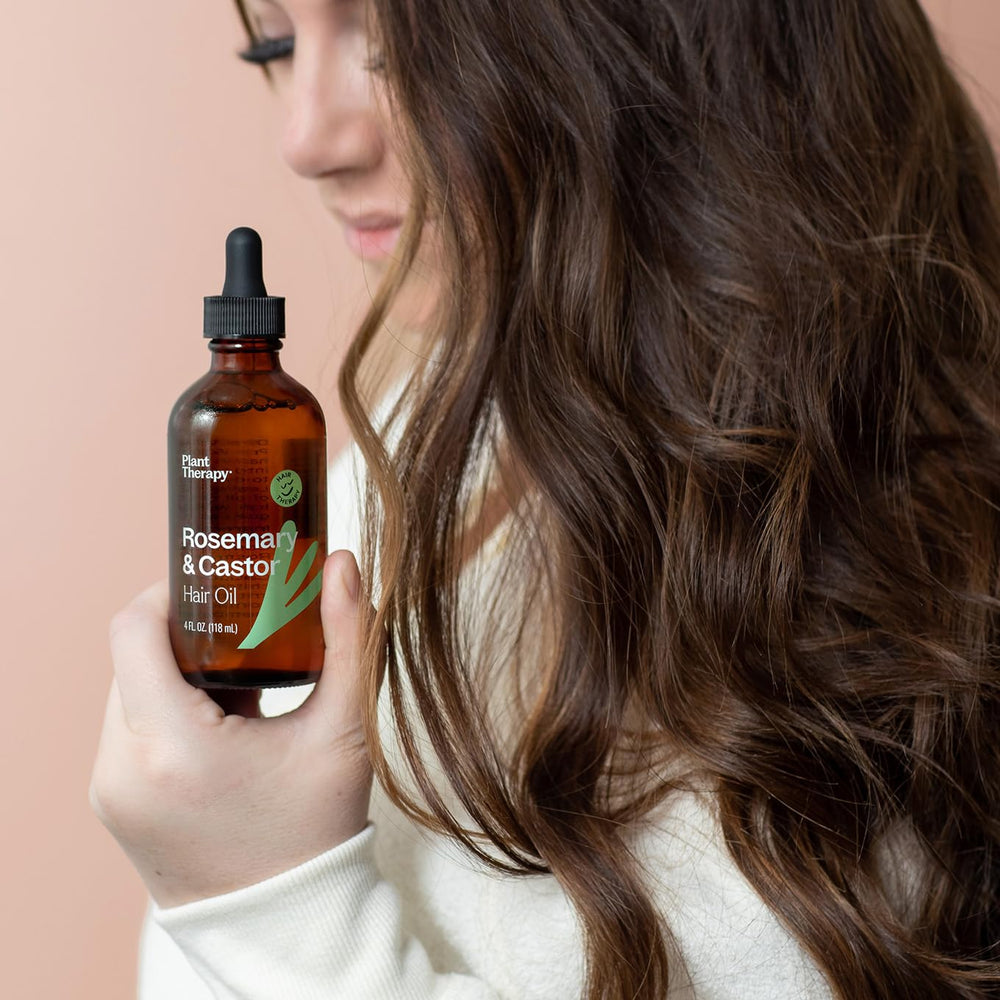 Plant Therapy Rosemary & Castor Oil: frasco de vidrio con gotero para aplicación precisa.