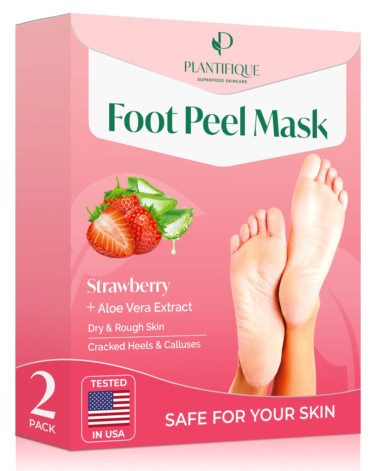 PLANTIFIQUE Foot Peel Mask 2 Pack packaging shown for at-home foot care and smoother skin.
