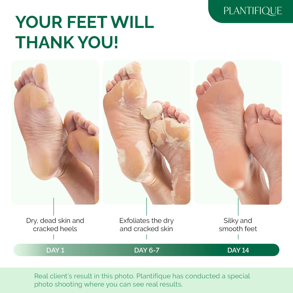 PLANTIFIQUE Foot Peeling Mask 2 Pack application step demonstrates easy use.