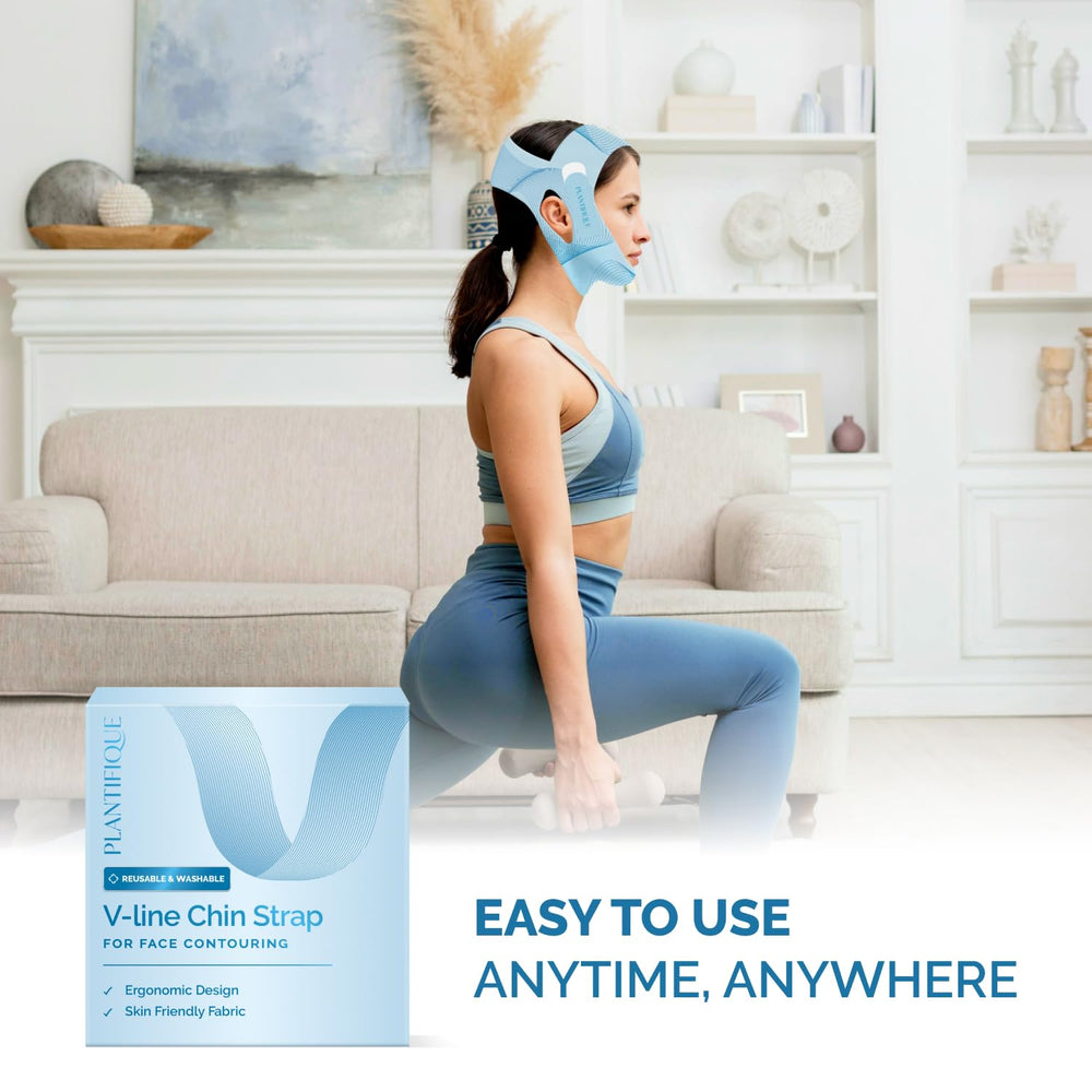 Plantifique jawline shaper in blue enhances contouring possibilities during self-care sessions.