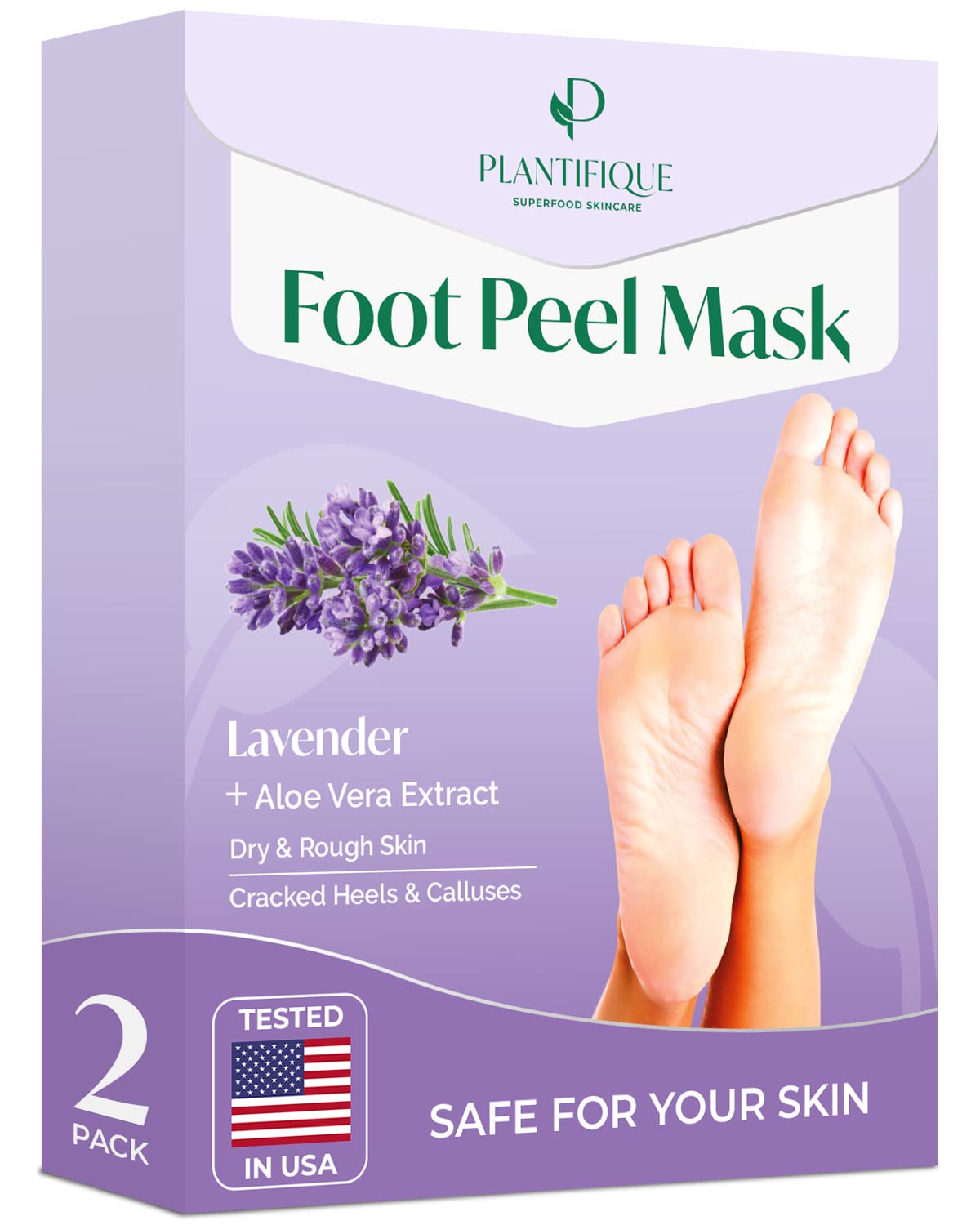 PLANTIFIQUE Lavender Foot Peel Mask packaging showing soothing lavender for pampering foot care