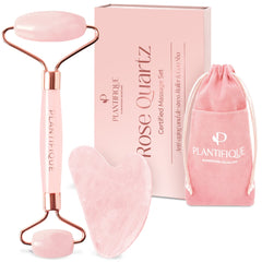 PLANTIFIQUE Rose Quartz Face Roller for cooling relief and refined pores.