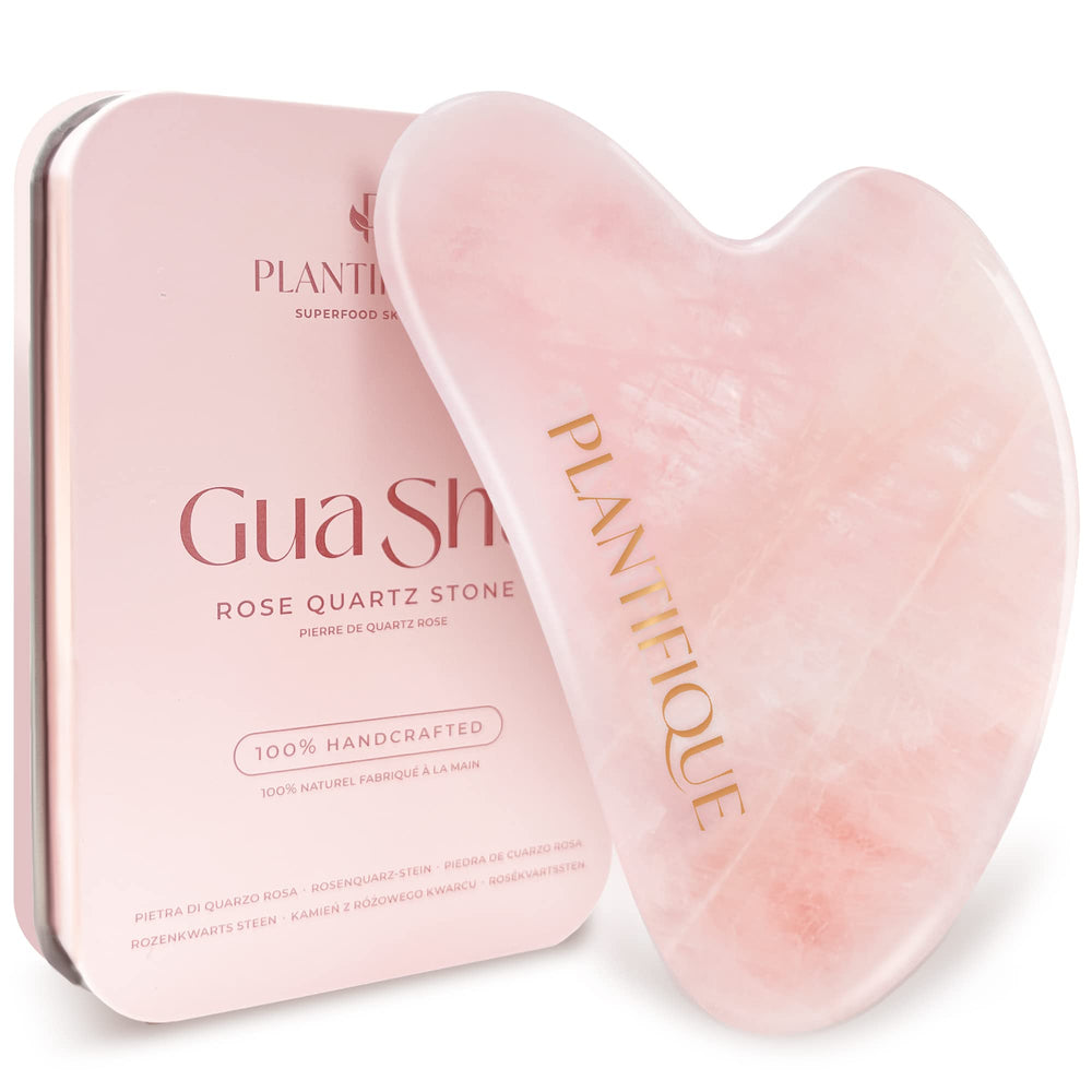 PLANTIFIQUE Rose Quartz Gua Sha Tool for facial contouring and relaxation.