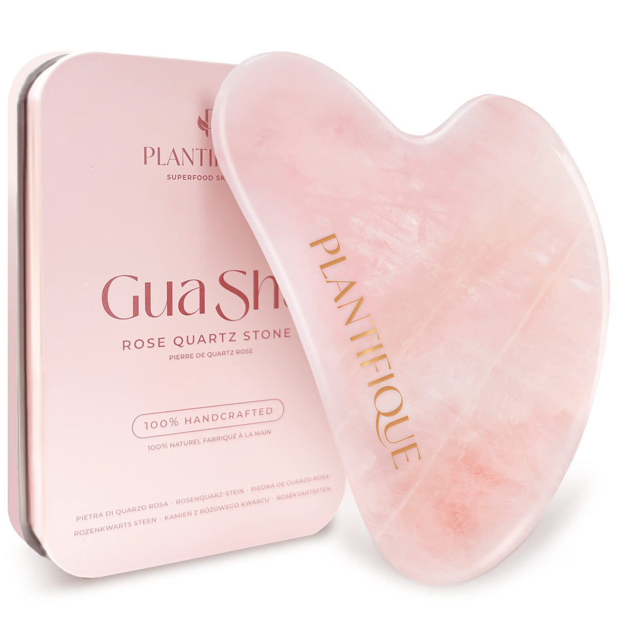 PLANTIFIQUE Rose Quartz Gua Sha Tool for facial contouring and relaxation.