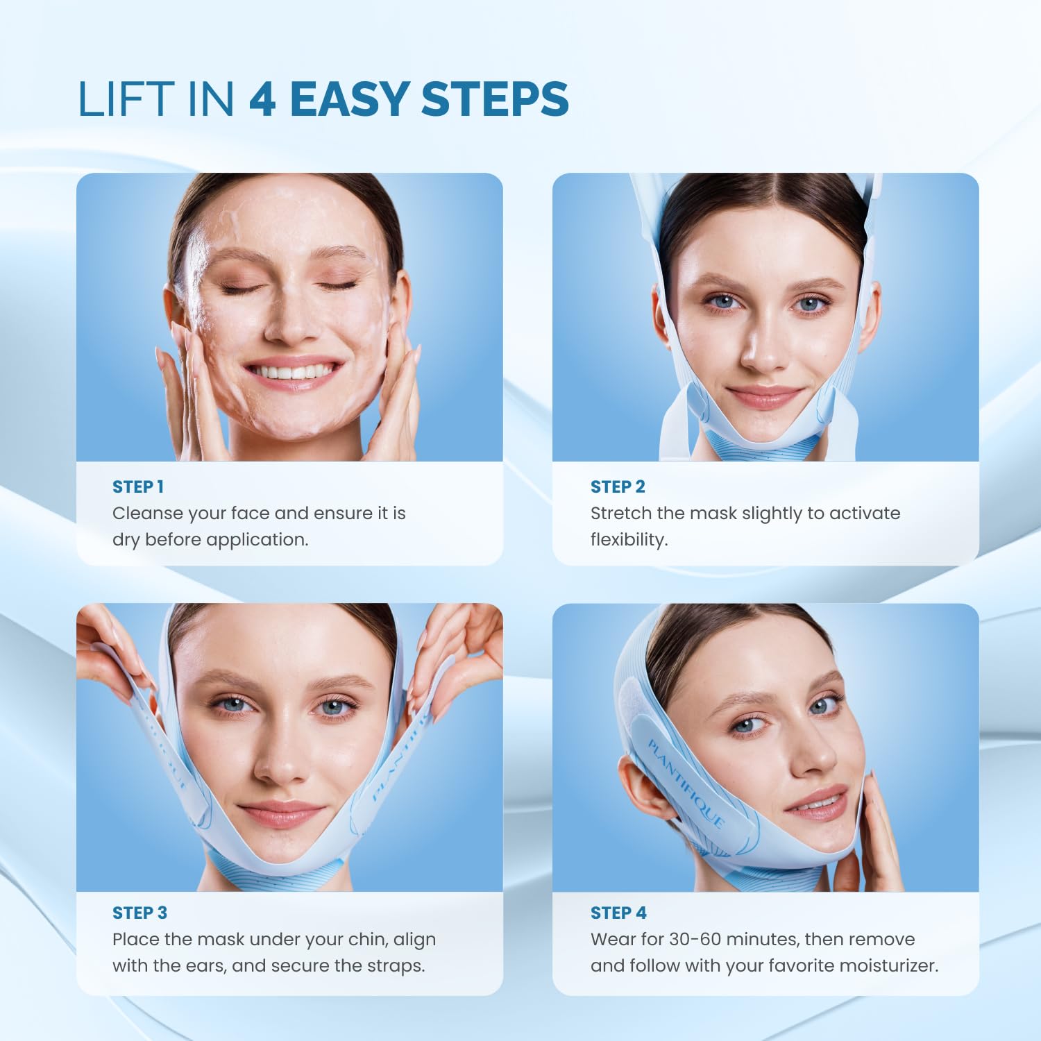 Plantifique V-line shaping mask with 360° stretch adapts to your facial contours.