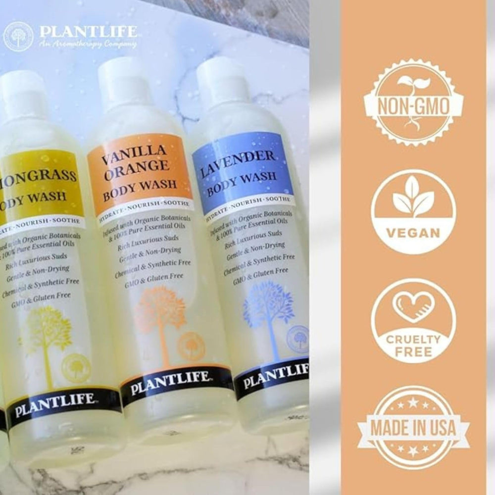 Plantlife lavado corporal patchouli, ingredientes naturales visibles, sensación fresca.
