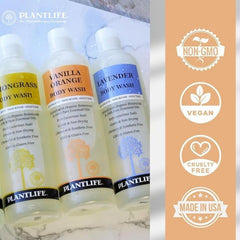 Plantlife lavado corporal patchouli, ingredientes naturales visibles, sensación fresca.
