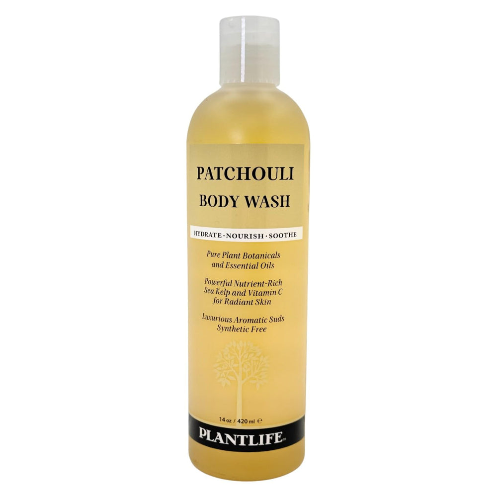 Plantlife lavado corporal patchouli, botella visible, aroma calmante para uso diario.