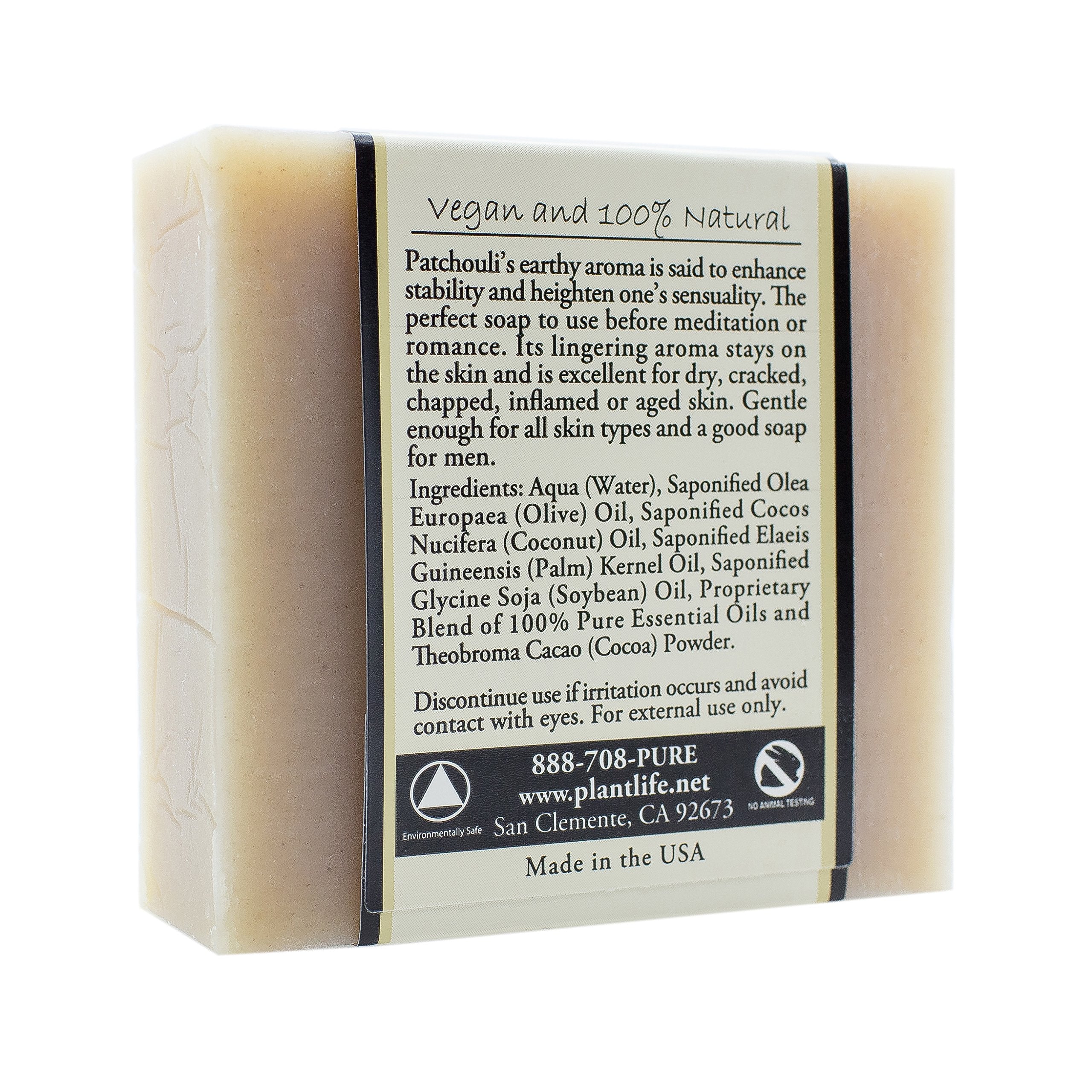 Plantlife Patchouli Bar Soap hecho en California con ingredientes vegetales.