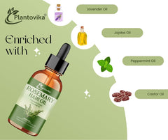 Plantovika rosemary oil with jojoba oil droplets delivering deep hydration to hair.