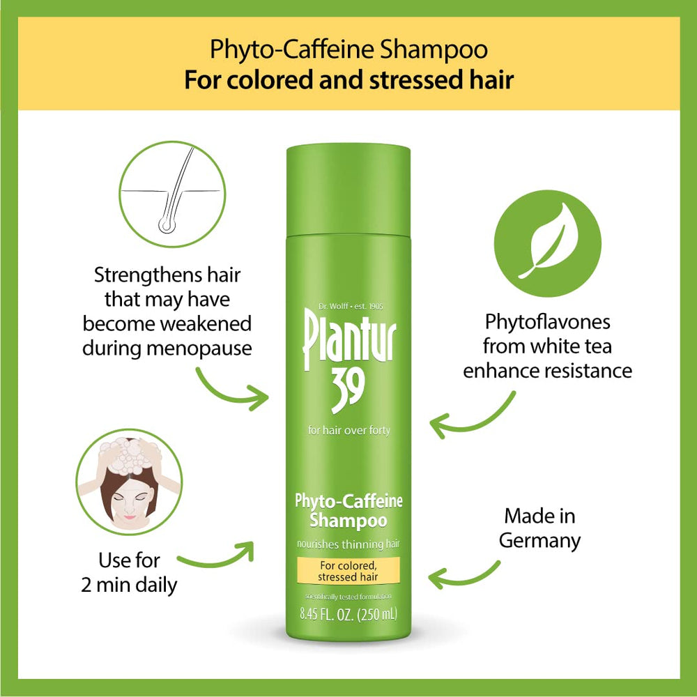 Plantur 39 Fitocafeína Champú Cabello Estresado limpia suavemente y cuida el color.